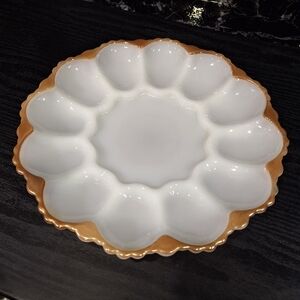 Vintage Fire King White Gold Deviled Egg Plate, Anchor Hocking, MCM Kitchen